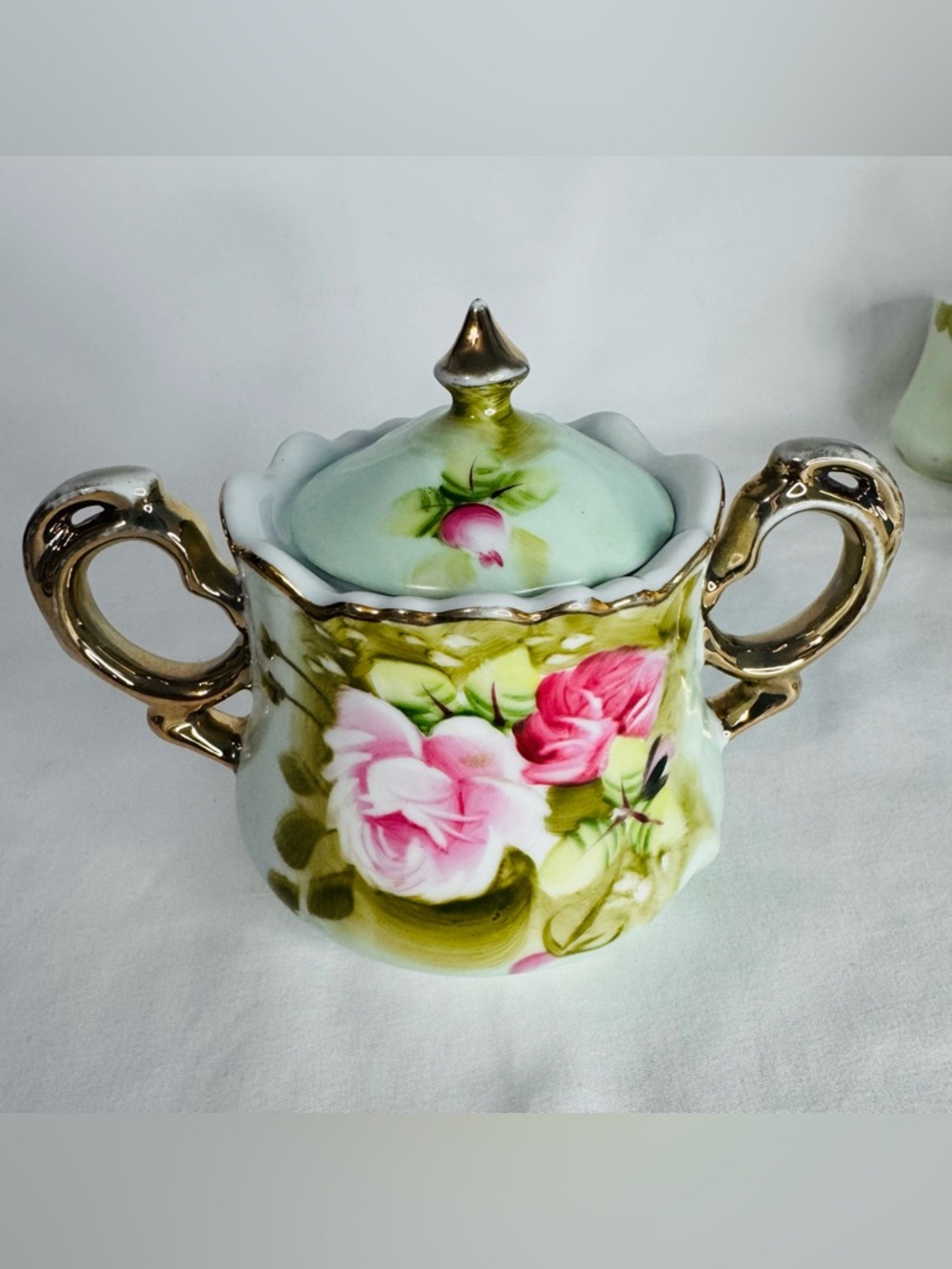 Vintage Lefton China Hand Painted Rose Gold Trim-Creamer+Sugar+Salt&Pepper+Spoon - Picture 2 of 16